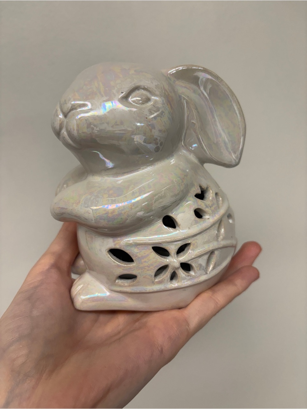 Iridescent Lusterware Ceramic Bunny Rabbit Figure with Cutouts